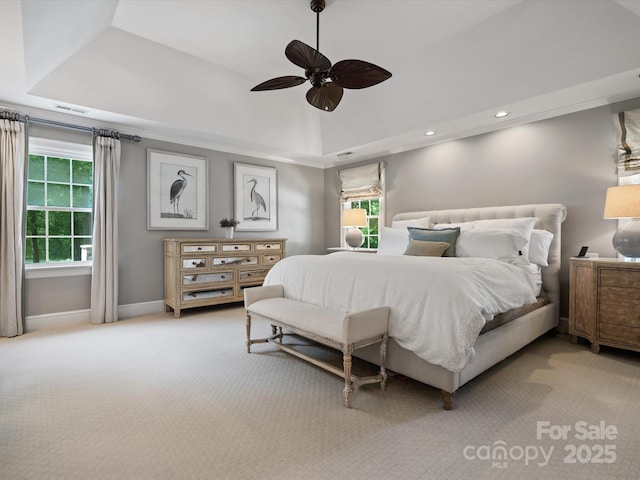 11624 Glenn Abbey Way, Charlotte, NC 28277 - bedroom featuring light colored carpet, ceiling fan, recessed lighting, and a raised ceiling