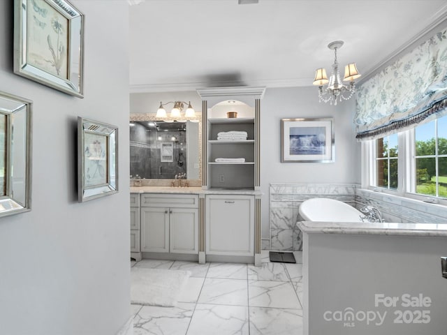 11624 Glenn Abbey Way, Charlotte, NC 28277 - full bath with a chandelier, vanity, ornamental molding, tiled shower, and marble finish floors