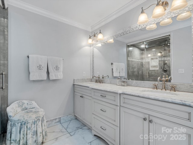 11624 Glenn Abbey Way, Charlotte, NC 28277 - bathroom featuring marble finish floors, double vanity, a stall shower, and crown molding