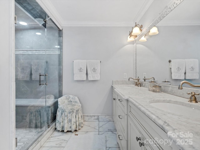11624 Glenn Abbey Way, Charlotte, NC 28277 - full bath with marble finish floors, double vanity, a stall shower, and ornamental molding