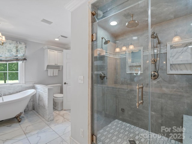 11624 Glenn Abbey Way, Charlotte, NC 28277 - full bath with crown molding, a freestanding bath, a stall shower, and marble finish flooring