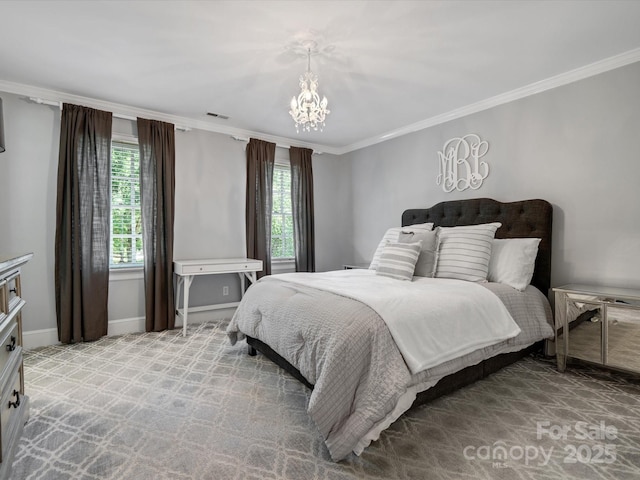 11624 Glenn Abbey Way, Charlotte, NC 28277 - bedroom with a chandelier, crown molding, and light carpet
