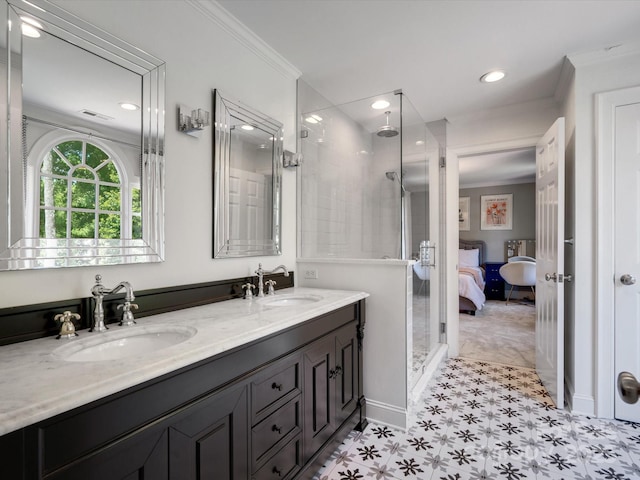 11624 Glenn Abbey Way, Charlotte, NC 28277 - full bathroom with connected bathroom, tile patterned floors, double vanity, a stall shower, and ornamental molding