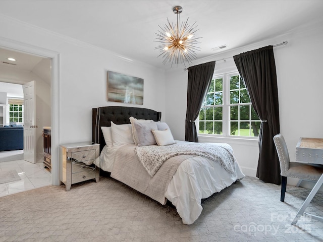 11624 Glenn Abbey Way, Charlotte, NC 28277 - bedroom featuring a chandelier, multiple windows, ornamental molding, and light marble finish floors