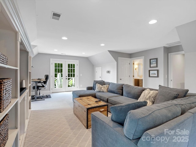 11624 Glenn Abbey Way, Charlotte, NC 28277 - living room with french doors, lofted ceiling, recessed lighting, light colored carpet, and an office area