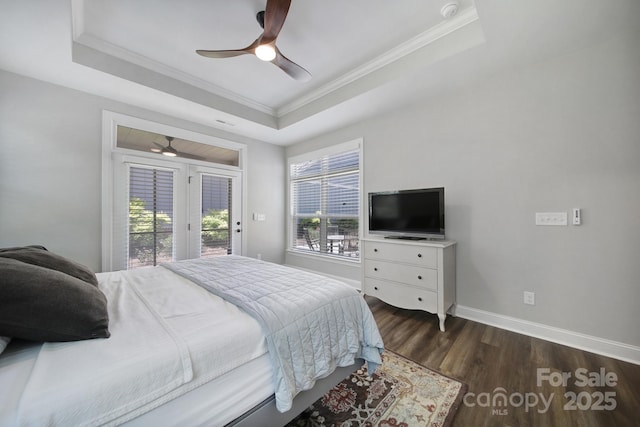 2019 Trailwood Dr, Matthews, NC 28104 - bedroom featuring access to outside, a raised ceiling, dark wood-style flooring, crown molding, and a ceiling fan