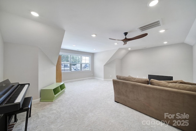 2019 Trailwood Dr, Matthews, NC 28104 - carpeted living area featuring ceiling fan and recessed lighting