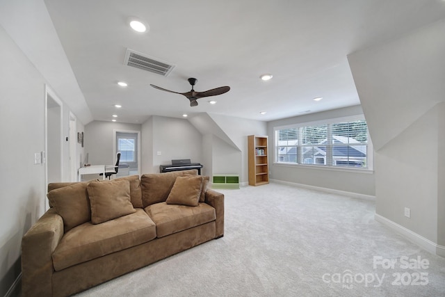 2019 Trailwood Dr, Matthews, NC 28104 - living room with recessed lighting, light carpet, and a ceiling fan