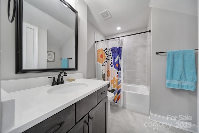 2019 Trailwood Dr, Matthews, NC 28104 - full bathroom with vanity, tile patterned floors, shower / bath combo, and recessed lighting