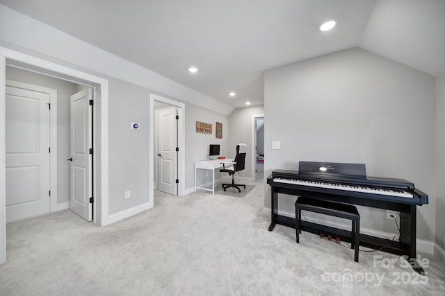 2019 Trailwood Dr, Matthews, NC 28104 - living area featuring recessed lighting, an office area, carpet, and lofted ceiling