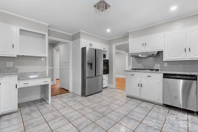 524 Bonview Ave, Lincolnton, NC 28092 - kitchen with stainless steel appliances, open shelves, under cabinet range hood, white cabinets, and tasteful backsplash