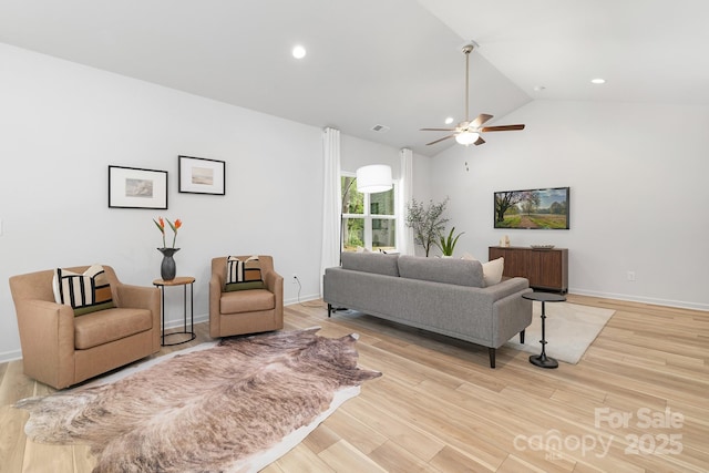 4478 Pebblebrook Cir SW, Concord, NC 28027 - living room featuring ceiling fan, light wood finished floors, vaulted ceiling, and recessed lighting