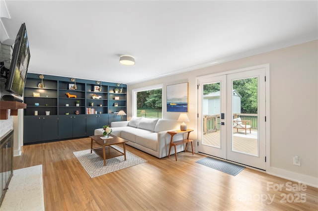 4201 Tyndale Ave, Charlotte, NC 28210 - living room with french doors, wood finished floors, ornamental molding, and a fireplace
