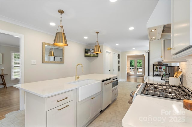 4201 Tyndale Ave, Charlotte, NC 28210 - kitchen featuring dishwasher, ventilation hood, light countertops, healthy amount of natural light, and ornamental molding