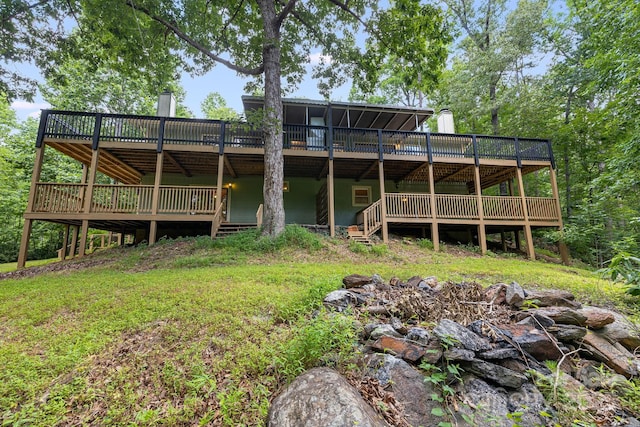263 Shannons Walk, Lake Lure, NC 28746 - rear view of house with a wooden deck, a chimney, and stairs