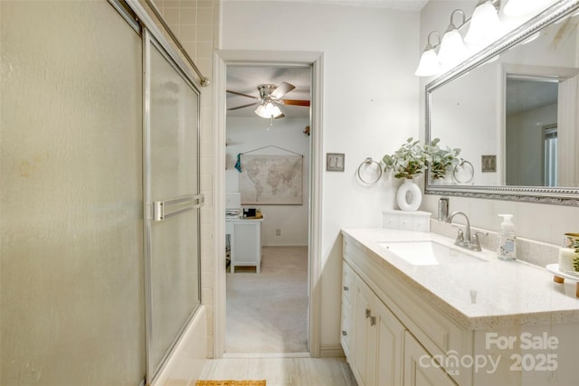 924 Holly Rd, Rock Hill, SC 29730 - bathroom with a ceiling fan, vanity, and bath / shower combo with glass door