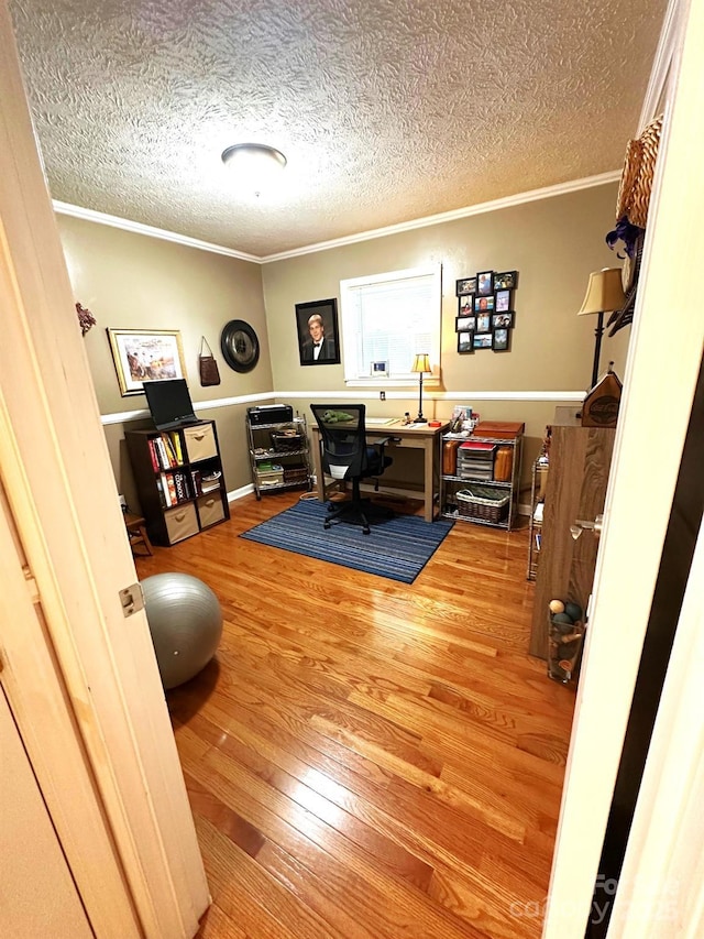 25 Norman Rd, Fletcher, NC 28732 - office area featuring wood finished floors, a textured ceiling, and crown molding