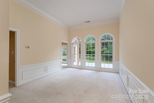10511 Pullengreen Dr, Charlotte, NC 28277 - empty room featuring crown molding, carpet, wainscoting, and a decorative wall