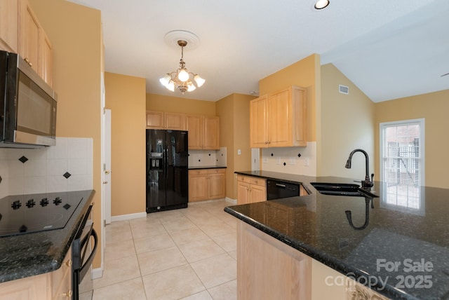 10511 Pullengreen Dr, Charlotte, NC 28277 - kitchen featuring black appliances, light brown cabinets, tasteful backsplash, a chandelier, and vaulted ceiling