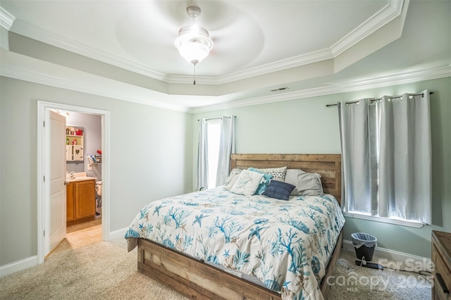 239 Shellbank Dr, Sneads Ferry, NC 28460 - bedroom with crown molding, a raised ceiling, light colored carpet, and ceiling fan