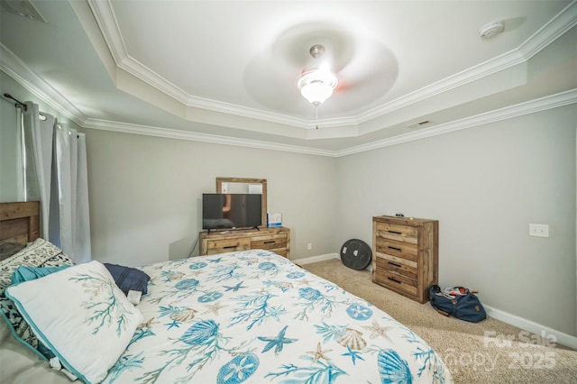 239 Shellbank Dr, Sneads Ferry, NC 28460 - carpeted bedroom with a tray ceiling, ornamental molding, and a ceiling fan
