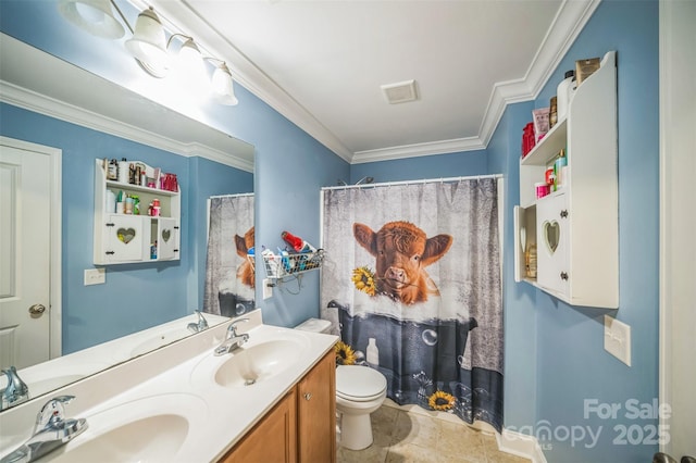 239 Shellbank Dr, Sneads Ferry, NC 28460 - bathroom with double vanity, ornamental molding, and a shower with curtain