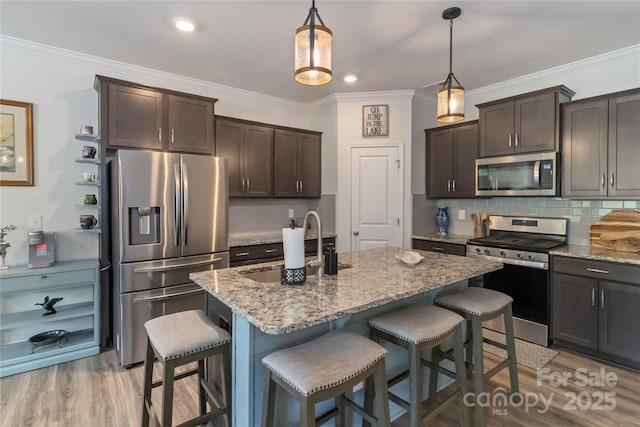 1076 Chicory Trce, Clover, SC 29710 - kitchen featuring appliances with stainless steel finishes, dark brown cabinets, light wood-style flooring, a breakfast bar, and ornamental molding