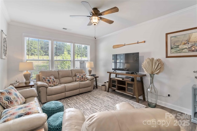 1076 Chicory Trce, Clover, SC 29710 - living room with wood finished floors, ceiling fan, and ornamental molding