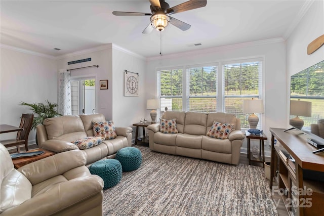 1076 Chicory Trce, Clover, SC 29710 - living area featuring a ceiling fan and crown molding
