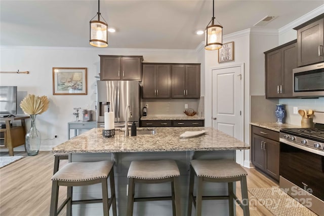 1076 Chicory Trce, Clover, SC 29710 - kitchen with stainless steel appliances, dark brown cabinetry, a breakfast bar area, light wood finished floors, and pendant lighting