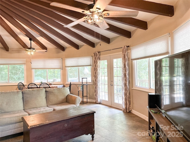 171 Windy Hill Dr, Franklin, NC 28734 - living room featuring a ceiling fan, french doors, healthy amount of natural light, and stone tile floors