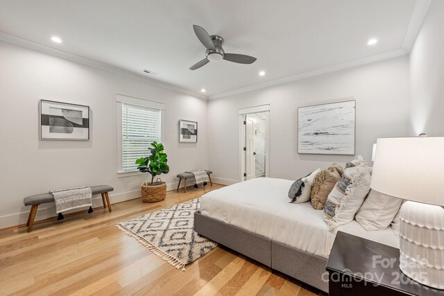 5305 Tarrywood Ln, Charlotte, NC 28205 - bedroom with light wood-style floors, crown molding, recessed lighting, a ceiling fan, and ensuite bathroom