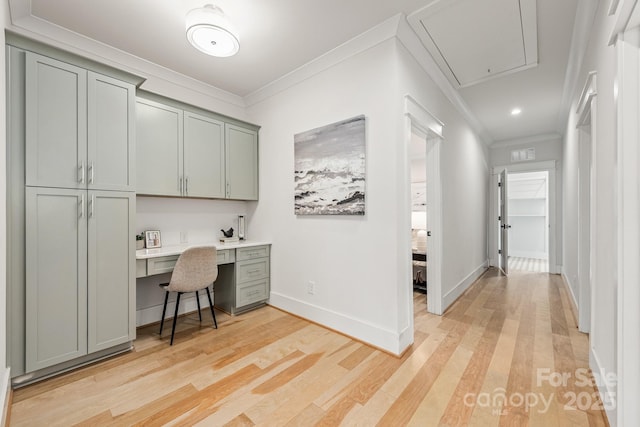 5305 Tarrywood Ln, Charlotte, NC 28205 - office area with attic access, ornamental molding, built in desk, light wood-type flooring, and recessed lighting