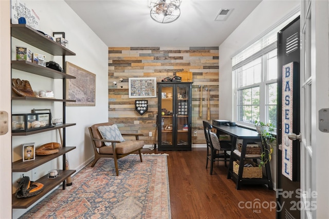 6029 Piscataway Ct, Rock Hill, SC 29732 - office area featuring wooden walls, an accent wall, and dark wood finished floors