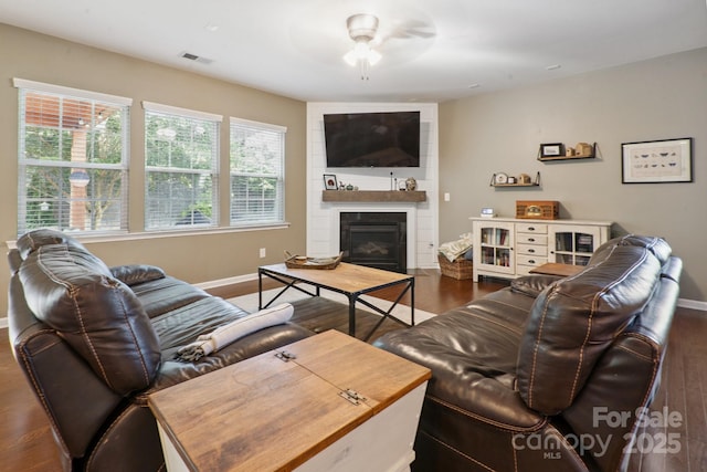 6029 Piscataway Ct, Rock Hill, SC 29732 - living area with wood finished floors, a ceiling fan, and a fireplace