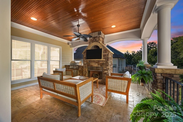 3211 Keady Mill Loop, Kannapolis, NC 28081 - view of patio featuring an outdoor living space with a fireplace, ceiling fan, and grilling area