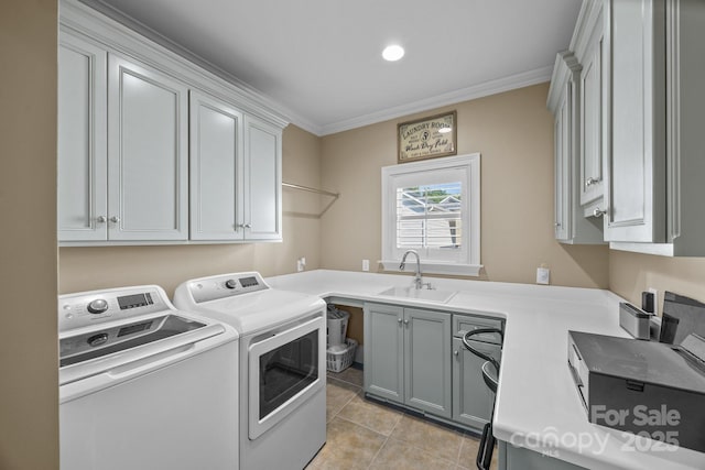 3211 Keady Mill Loop, Kannapolis, NC 28081 - laundry area with cabinet space, washer and clothes dryer, light tile patterned floors, and ornamental molding