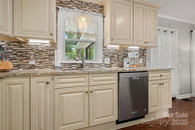 725 Plantation Rd, Lancaster, SC 29720 - kitchen featuring dishwasher, decorative backsplash, cream cabinetry, light stone countertops, and ornamental molding