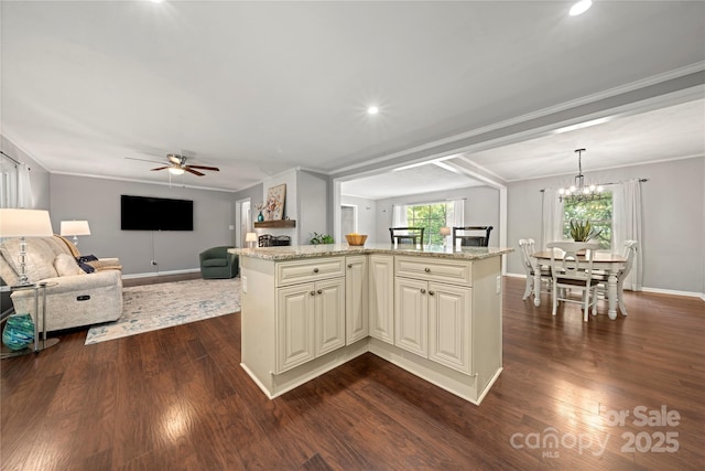 725 Plantation Rd, Lancaster, SC 29720 - kitchen featuring crown molding, ceiling fan, dark wood finished floors, open floor plan, and hanging light fixtures