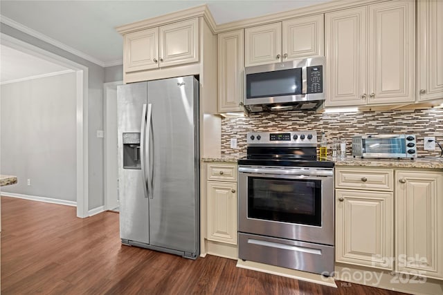 725 Plantation Rd, Lancaster, SC 29720 - kitchen with stainless steel appliances, cream cabinets, dark wood-style floors, decorative backsplash, and crown molding