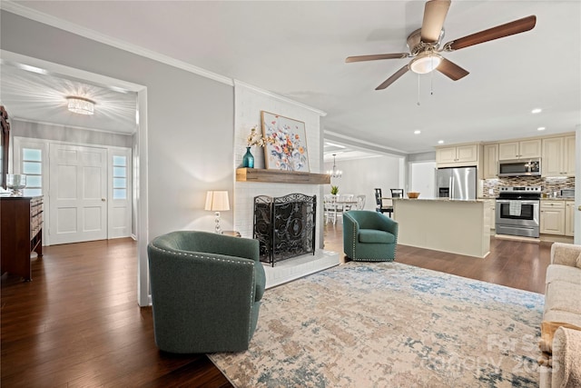 725 Plantation Rd, Lancaster, SC 29720 - living room with crown molding, dark wood-style flooring, ceiling fan, and recessed lighting