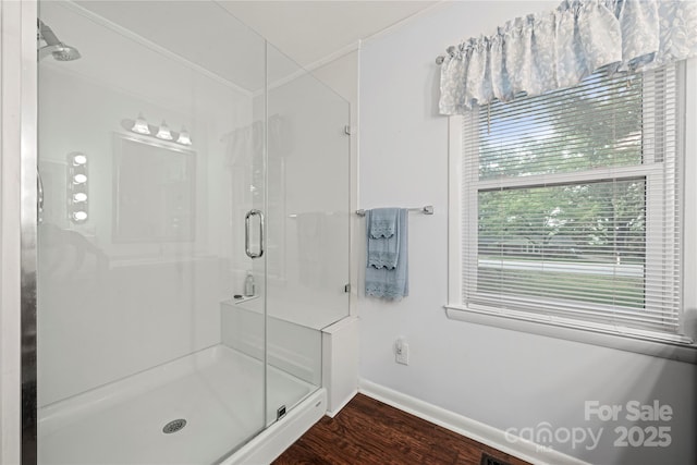 725 Plantation Rd, Lancaster, SC 29720 - full bathroom featuring a shower stall, wood finished floors, and ornamental molding