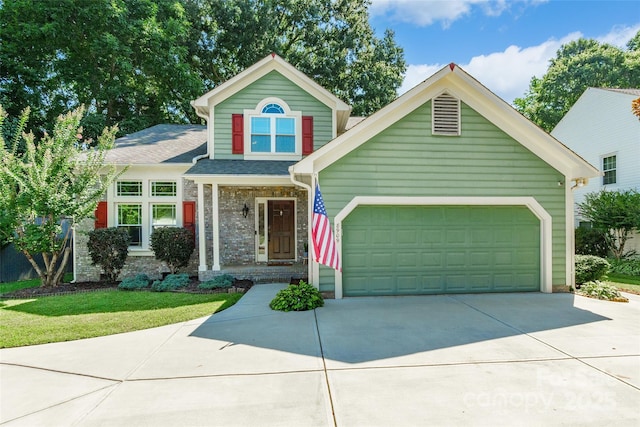 8909 Raven Park Dr, Charlotte, NC 28216 - view of front of house with concrete driveway, an attached garage, brick siding, roof with shingles, and a front lawn