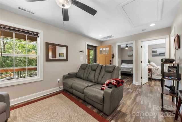 8333 Catawba Cove Dr, Belmont, NC 28012 - living room featuring attic access, ceiling fan, wood finished floors, and recessed lighting