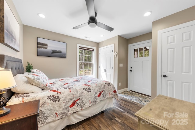 8333 Catawba Cove Dr, Belmont, NC 28012 - bedroom with dark wood-style flooring, a ceiling fan, recessed lighting, and a closet
