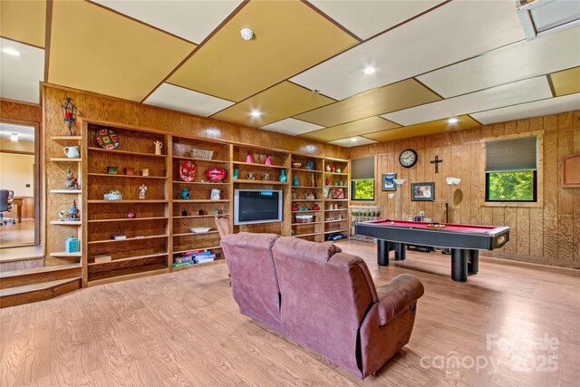 144 J And W Rd, Olin, NC 28660 - recreation room with wooden walls, wood finished floors, pool table, and built in features