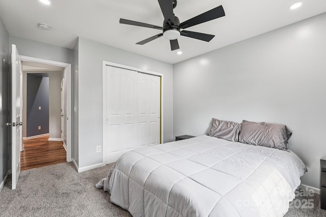 16009 Stuarts Draft Ct, Charlotte, NC 28278 - bedroom featuring recessed lighting, a closet, carpet, and a ceiling fan