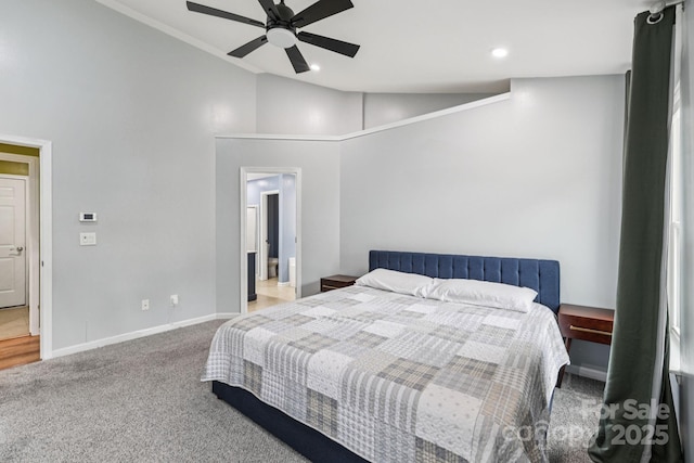 16009 Stuarts Draft Ct, Charlotte, NC 28278 - bedroom with vaulted ceiling, carpet flooring, recessed lighting, and ceiling fan