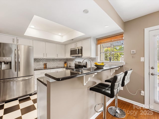 9237 N Vicksburg Park Ct, Charlotte, NC 28210 - kitchen featuring stainless steel appliances, a peninsula, a raised ceiling, white cabinetry, and a breakfast bar area