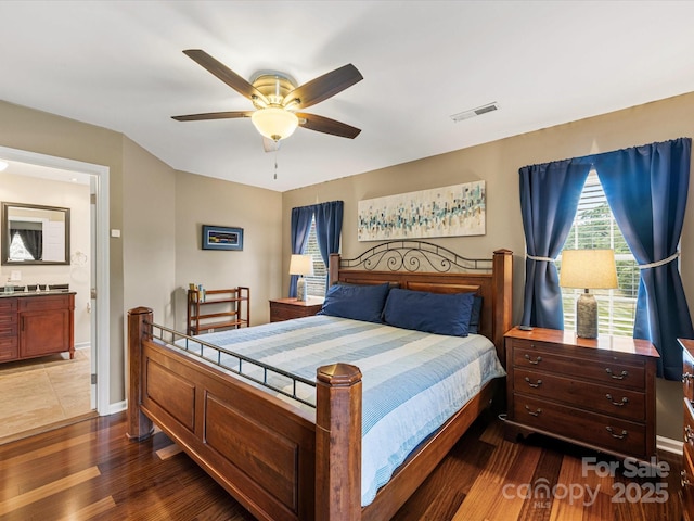 9237 N Vicksburg Park Ct, Charlotte, NC 28210 - bedroom featuring dark wood-style flooring, ceiling fan, and ensuite bathroom